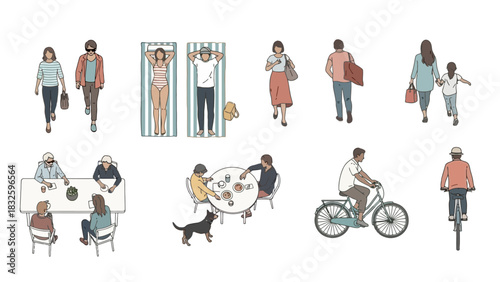 Diverse people in daily activities walking, dining, sunbathing, cycling. Overhead illustrations show modern urban and leisure lifestyles