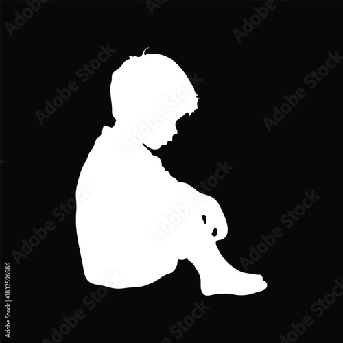 Sad black child silhouette isolated on black background. Child icon vector illustration design.