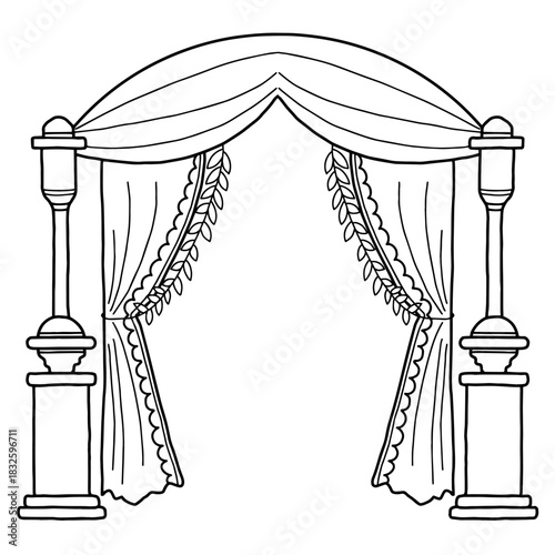 Wedding arch with drapes and pillars line art vector illustration. Hand drawn wedding gate with curtains