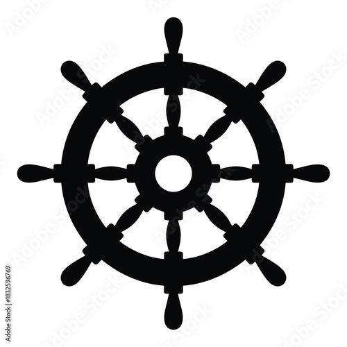 A black silhouette of a ships wheel, featuring a central hub with spokes radiating outwards to handles, symbolizing navigation and maritime themes