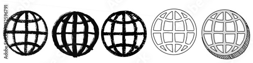 Set Globe Icon Handdrawn Different Style Vector Ideal for global business, travel, education, and international connection graphics in a sketch style. Symbolizes world, connection, and geography.