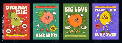 Ripe fruits groovy hippie characters posters. Vector set of pear, peach, orange, and lemon retro personages with smiling faces and vintage sneakers, promoting joy, positivity, selflove and good vibes
