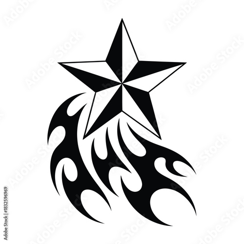 A black and white nautical star tattoo design with tribal flames, perfect for a stencil or graphic design project with a modern edge