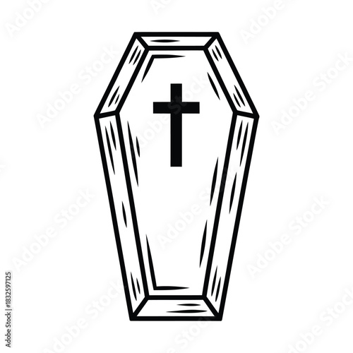 Illustration of a coffin with a cross the black and white drawing depicts death, burial, and religious symbolism in a simple design