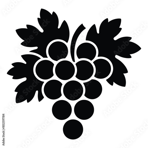 Illustration of a bunch of grapes with leaves, ideal for wine labels, vineyard branding, or foodrelated designs, in black color