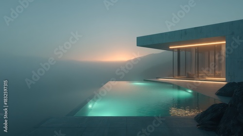 Minimalist cantilevered villa with open corner infinity pool above cliff edge fog rolling water cinematic teal and orange