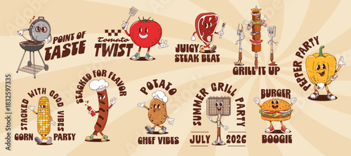 Funky barbeque Y2K groovy and hippie BBQ character stickers, cartoon vector t shirt prints. Groovy stickers with barbecue food, trippy steak, funny sausage with cheeseburger and potato in good vibes