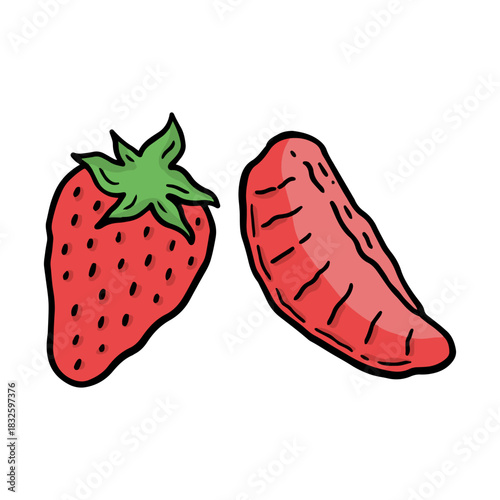 Hand drawn Whole and half strawberries doodle set vector illustration isolated on white background