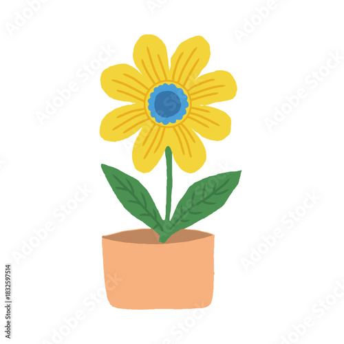 Cute hand drawn flower yellow daisy houseplant in a pot vector illustration