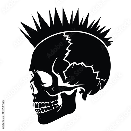A black and white illustration of a skull with a mohawk, conveying a punk rock aesthetic and a rebellious attitude