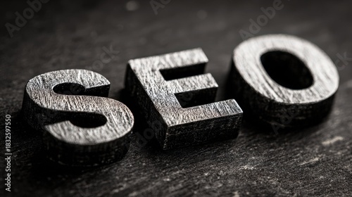 Close-up of metallic letters spelling SEO on a textured dark background representing search engine optimization in a creative and artistic manner