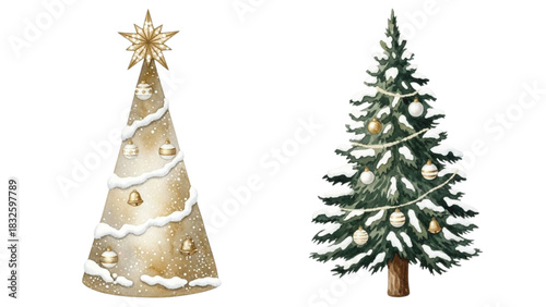 Watercolor Christmas Tree Set with Snow Ornaments and Gold Decorative Elements Holiday Illustration