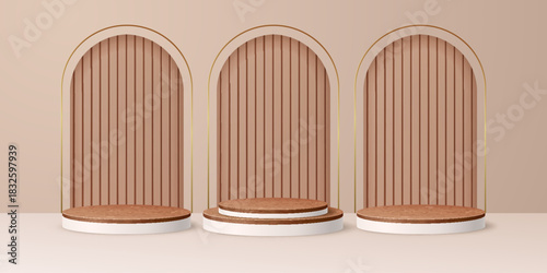 3d beige podium cosmetics stage with wooden plates. Vector luxury template with round platforms and golden arches. Realistic pastel mockup with clean shapes for product presentation
