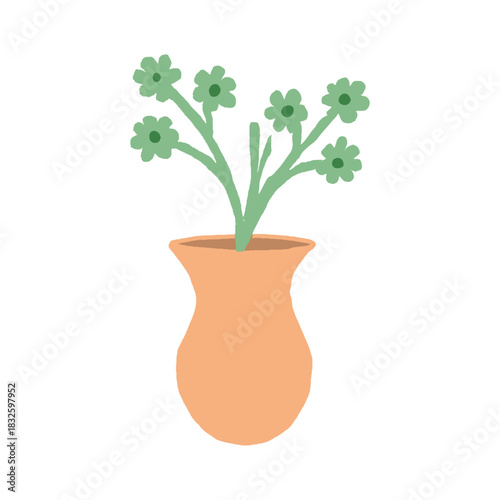 Hand drawn minimalist green flowers in a vase vector. Cute flat style Houseplant graphic