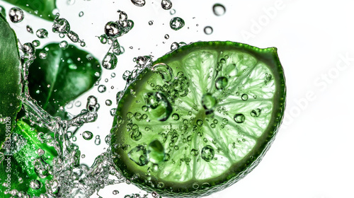 Refreshing lime with water splash. Dynamic healthy beverage concept.