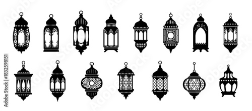 Ramadan Kareem arab islamic lantern lamp silhouette. Islam traditional lamp icons for traditional culture on holiday eid mubarak. Black moroccan and egyptian lanterns for hanging in mosque