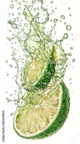 Dynamic image of fresh limes with a refreshing splash of water. Vibrant green citrus fruit creates a lively, invigorating scene.