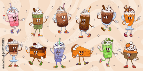 Cartoon groovy dessert characters with funny faces, sweet drinks and cakes, vector comic personages. Groovy dessert characters with happy smiles, cheesecake and cupcake muffin, bubble tea or milkshake