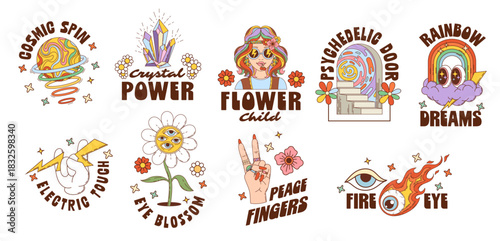 Funky Y2K groovy hippie character retro stickers with psychedelic trippy daisy flower, cartoon vector. Groovy stickers and Y2K t shirt prints with rainbow space planet and love peace fingers gesture