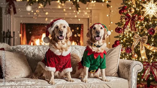 Two cute Golden Retrievers in Santa and Elf costumes sitting on sofa with magical falling snow