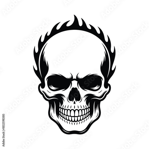 A black and white skull with flames is a striking and edgy design, perfect for tattoos, logos, or graphic elements, conveying danger and rebellion