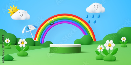 3d green kids vector podium stage platform on a meadow grass with daisy flowers and rainbow, yellow sun, umbrella and friendly cloud characters. Kids product promotion podium