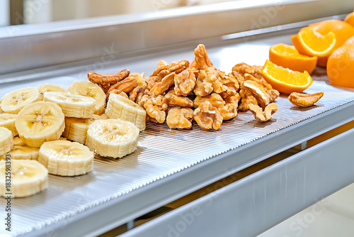 Healthy snack preparation bananas walnuts and oranges in a modern kitchen environment