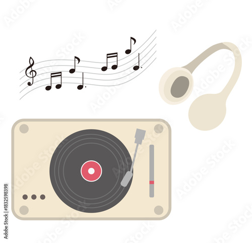 ベージュのレコードプレーヤーとヘッドフォンと音符のシンプルイラスト素材