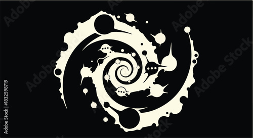 Abstract swirling spiral design with creative splatter and fluid shapes on black background for artistic concept