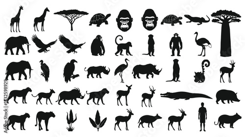 African safari animals and nature silhouettes, savanna wildlife vector collection