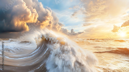 Rising waves capture nature's fury at sunset seaside landscape photography dramatic ocean view tranquil yet intense atmosphere