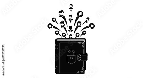 Secure password protected data encryption concept with lock and symbols floating out, representing cybersecurity and online safety