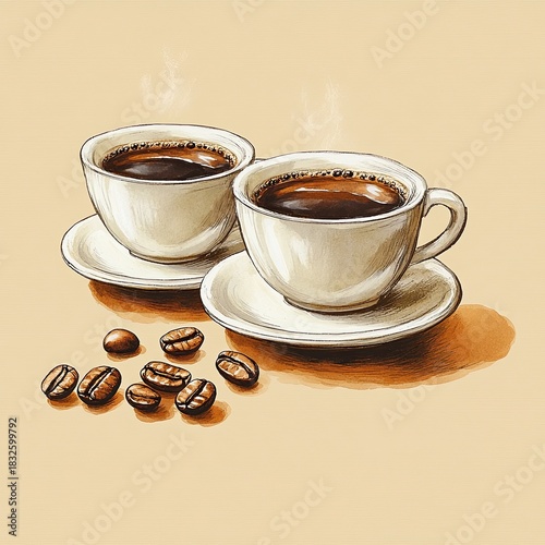 Hand-Drawn Coffee Cups with Beans on Pastel Background