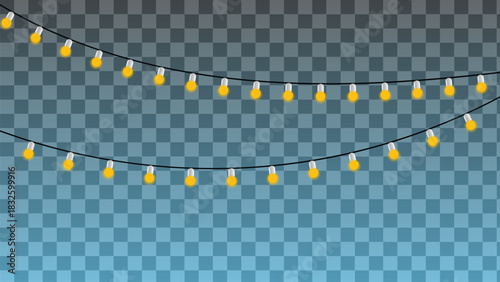String of yellow glowing light bulbs on a string against blue