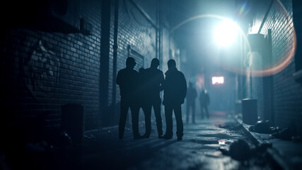Three dangerous criminal silhouettes standing together in dark alleyway at night urban crime concept with street gang members planning robbery or attack