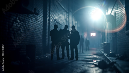 Three dangerous criminal silhouettes standing together in dark alleyway at night urban crime concept with street gang members planning robbery or attack