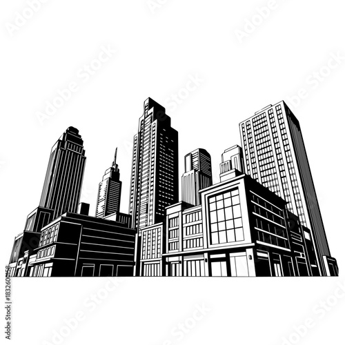 City skyline vector silhouette illustration of urban buildings and skyscrapers at night