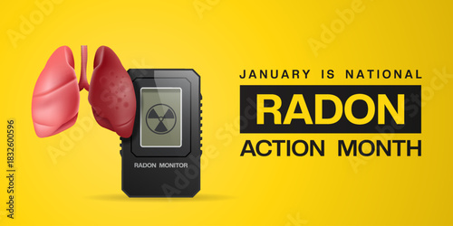 January Is National Radon Action Month. Lung and radon monitor. Great for cards, banners, posters, social media and more. Yellow background. 
