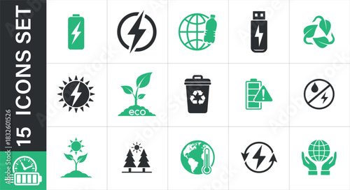 Set of eco-friendly and sustainable energy icons. A set of clean, modern icons related to 
environmental protection, renewable energy, and power management