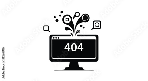Error 404 webpage not found concept with computer monitor and symbols on white background