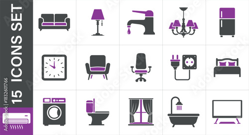 Home interior icons set. Including sofa, couch, lamp, floor lamp, faucet, tap, chandelier. 
furniture icon set
