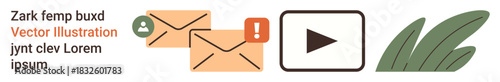 Email notifications, media content, user communication, video playback, online interaction, and alerts. Icon set with envelopes, a play symbol and decorative leaves. Email notifications and media
