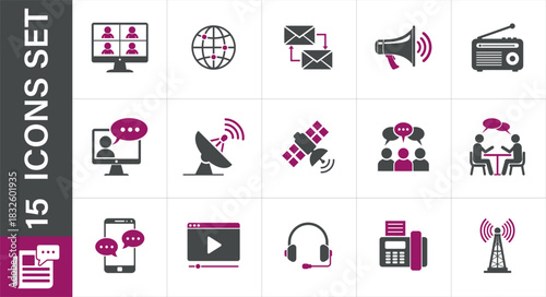 A set of communication icons, including video conferencing, email, satellite, and radio, representing 
various methods of communication and connectivity in the digital age