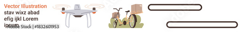 Last-mile delivery, green transportation, logistics, e-commerce, sustainability, urban delivery. quadcopter and cargo bike with parcels. Last-mile delivery and green transportation concept
