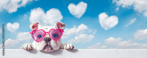 Cute bulldog puppy wearing pink heart sunglasses under bright blue sky