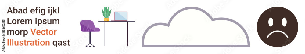 Fototapeta premium Productivity, workspace organization, cloud storage, emotions, digital tools, technology. Office desk with a computer and plant, a cloud outline and a sad emotion. Productivity and emotions concept
