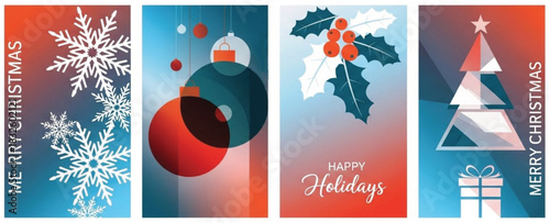 A collection of four vibrant, modern vertical holiday greeting cards showcasing festive elements like snowflakes, hanging ornaments, holly leaves with berries, and a stylized Christmas tree.