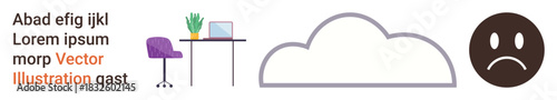 Productivity, workspace organization, cloud storage, emotions, digital tools, technology. Office desk with a computer and plant, a cloud outline and a sad emotion. Productivity and emotions concept