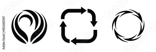 Recycling icons featuring classic recycle symbols, eco friendly labels, sustainability reminders, waste sorting visuals, circular economy concepts, and clean minimal vector elements