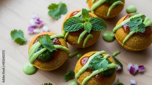 Gourmet Miniature Appetizers with Green Drizzle and Fresh Herbs on Wooden Surface